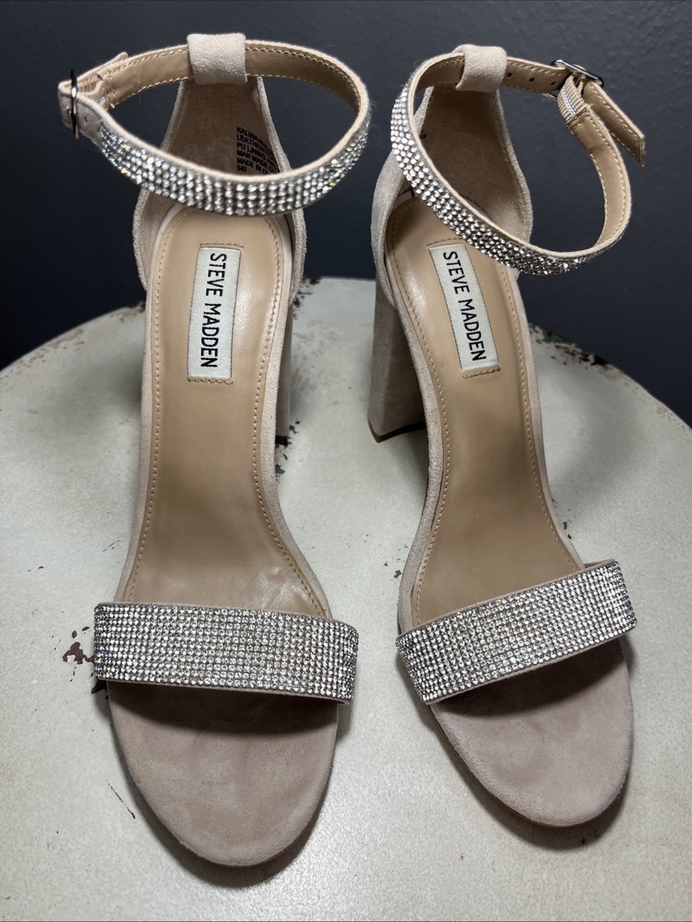Steve Madden Karina Rhinestone Suede Heels Beige